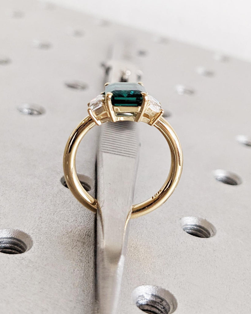 Emerald Cut Green Emerald Ring | Three Stone Emerald Engagement Ring with Trapezoid Moissanites | 14K Yellow Gold image #8