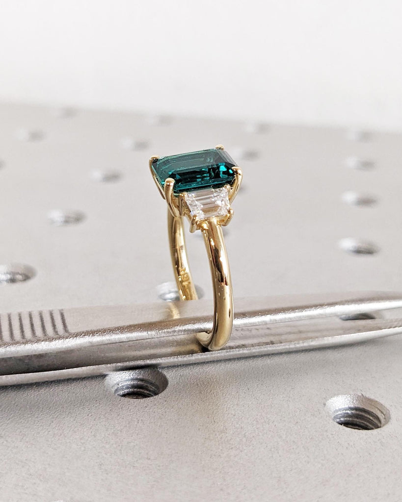 Emerald Cut Green Emerald Ring | Three Stone Emerald Engagement Ring with Trapezoid Moissanites | 14K Yellow Gold image #6