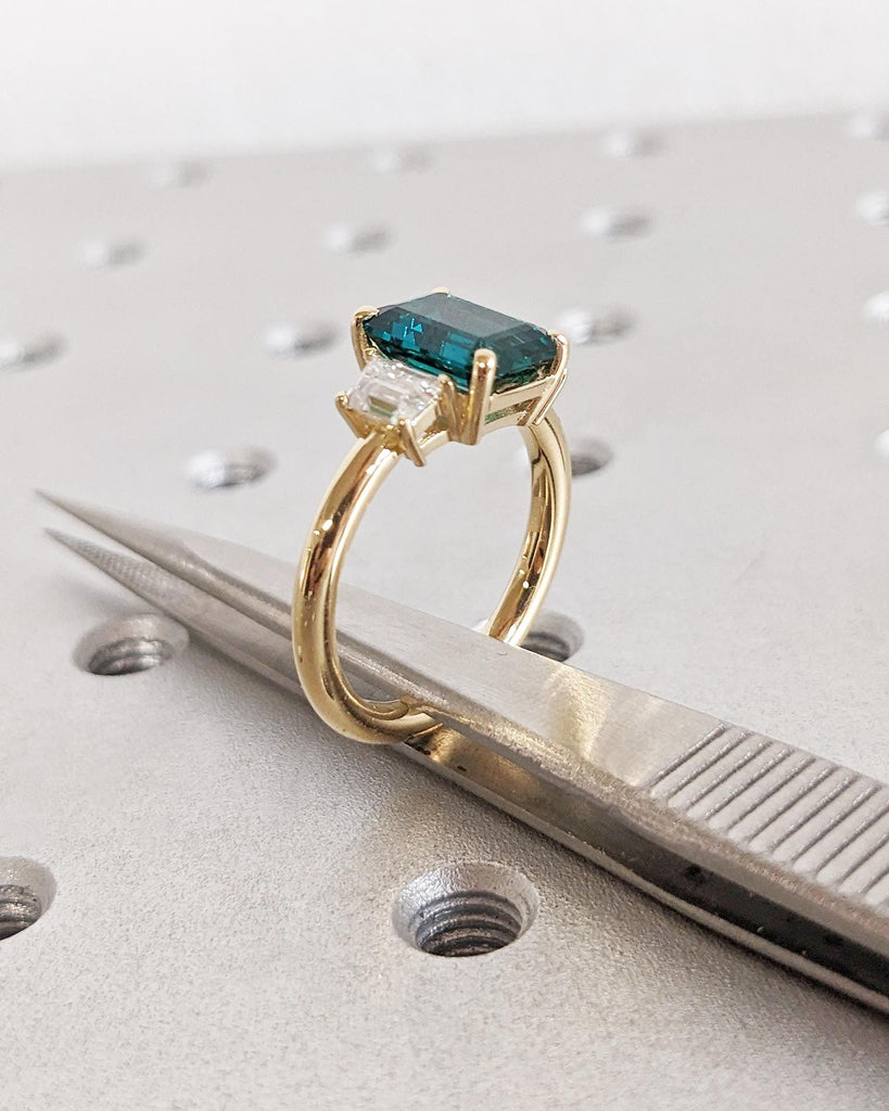 Emerald Cut Green Emerald Ring | Three Stone Emerald Engagement Ring with Trapezoid Moissanites | 14K Yellow Gold image #5