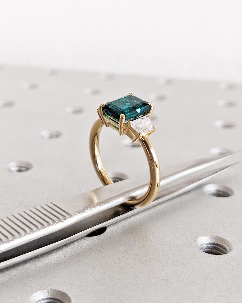Emerald Cut Green Emerald Ring | Three Stone Emerald Engagement Ring with Trapezoid Moissanites | 14K Yellow Gold image #7