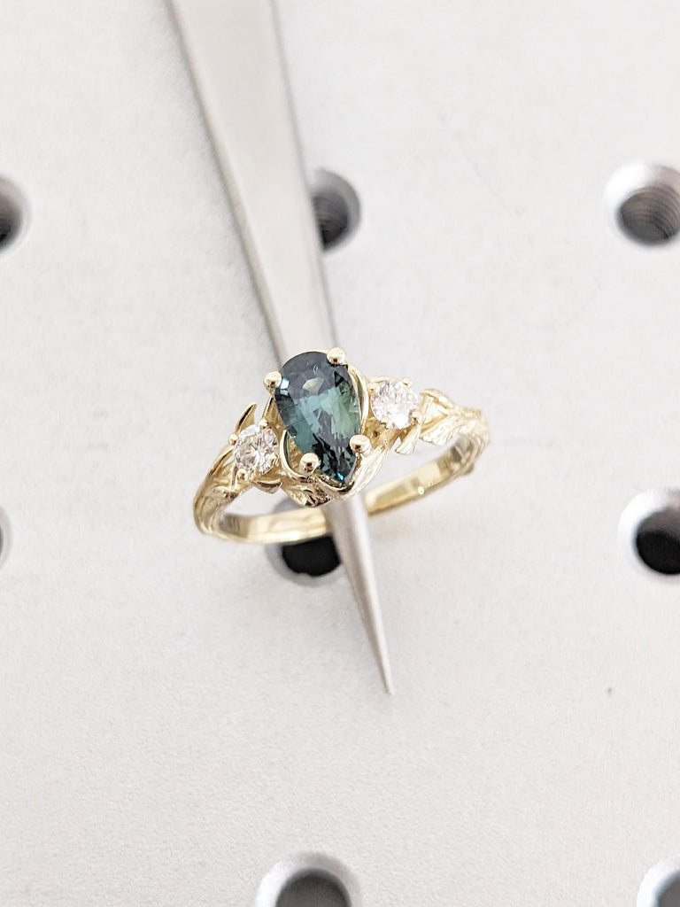 Nature Inspired Engagement Ring, 14k Solid Gold Pear Cut Teal Sapphire Ring for Women image #10