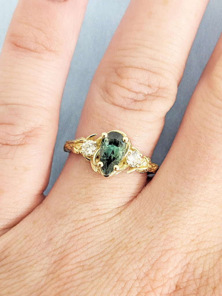 1 Carat Montana Sapphire Ring, 14k Yellow Gold Nature Inspired Pear Shaped Engagement Ring, Natural Diamond and September Birthstone Jewelry image #7