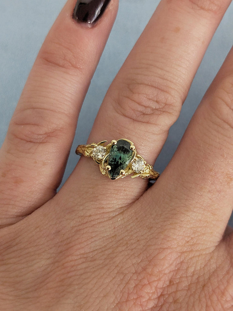 Nature Inspired Engagement Ring, 14k Solid Gold Pear Cut Teal Sapphire Ring for Women image #15