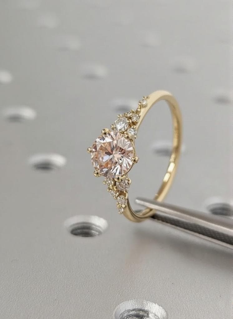 Solid Gold or Platinum, June Birthstone Promise Ring: Round cut Pink Morganite Gemstone with Moissanite Cluster Side Stones image #2