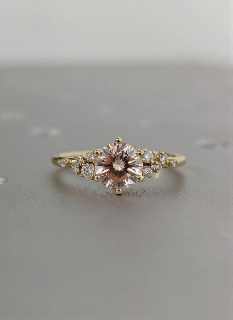 Solid Gold or Platinum, June Birthstone Promise Ring: Round cut Pink Morganite Gemstone with Moissanite Cluster Side Stones image #3