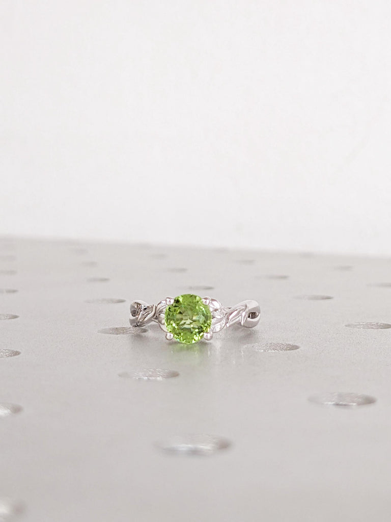 Peridot Engagement Ring, 14K/18K White Gold, Women's Leaf Peridot Ring, August Birthstone, Green Peridot Gemstone Ring, Promise Ring For Her