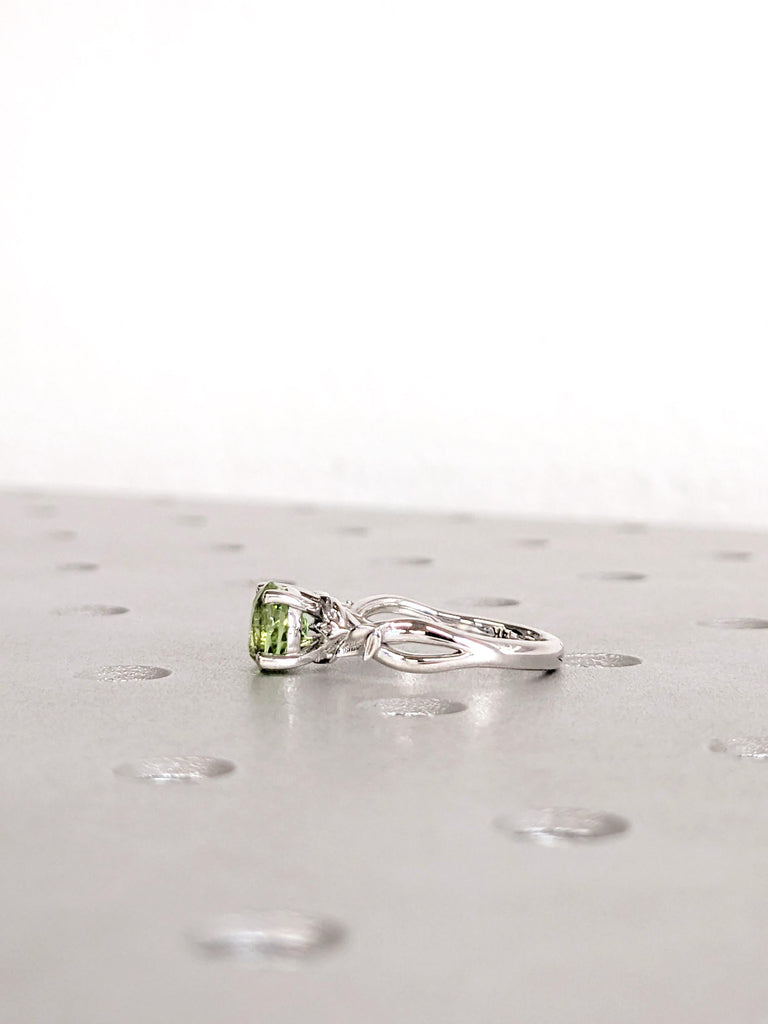 Peridot Engagement Ring, 14K/18K White Gold, Women's Leaf Peridot Ring, August Birthstone, Green Peridot Gemstone Ring, Promise Ring For Her