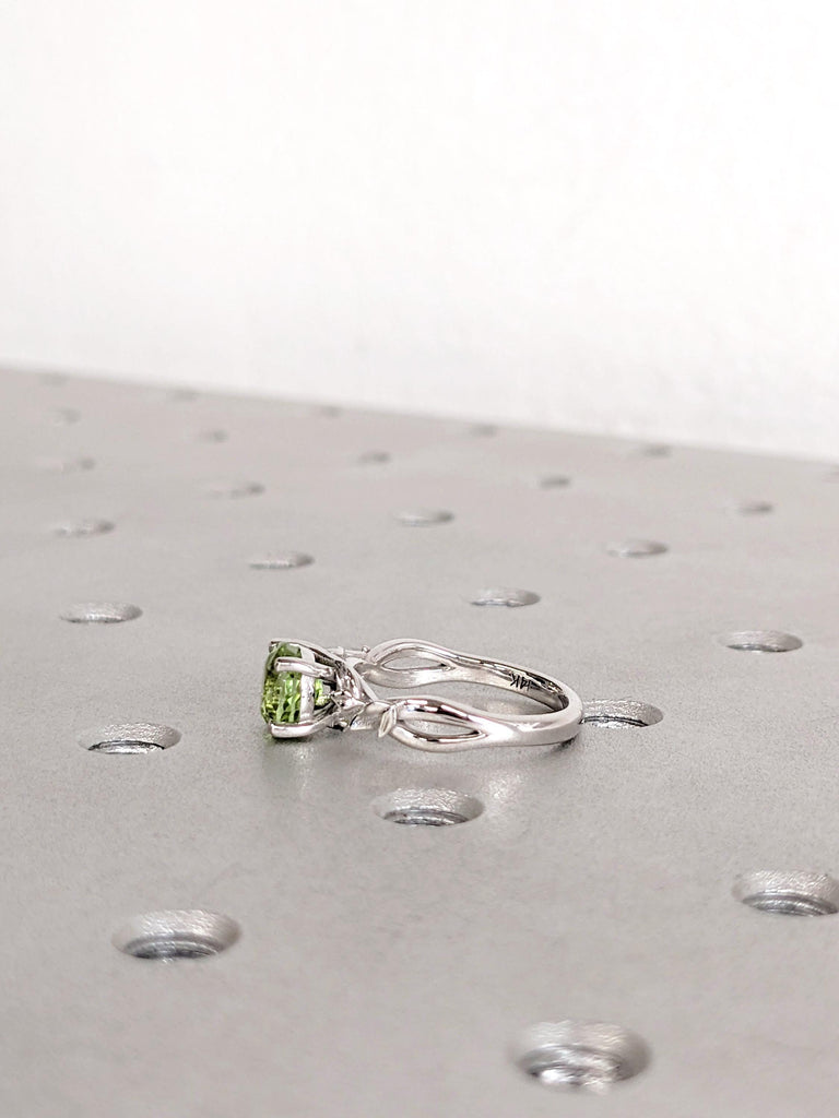 Peridot Engagement Ring, 14K/18K White Gold, Women's Leaf Peridot Ring, August Birthstone, Green Peridot Gemstone Ring, Promise Ring For Her