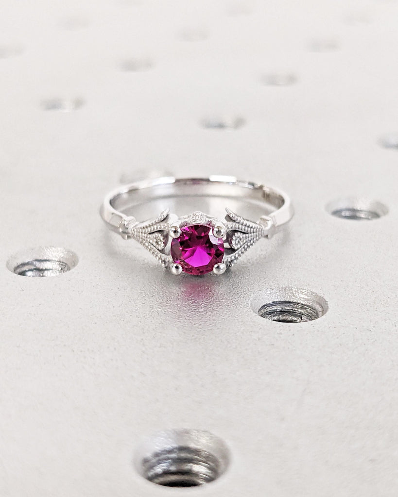 Vintage Ruby Engagement Ring, 14k White Gold, Lab Ruby Engagement Ring, Antique Round cut Bridal Ring, Art Deco Ring, Milgrain Wedding Ring