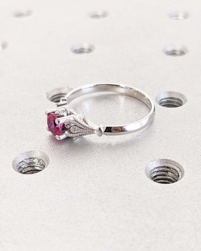 Vintage Ruby Engagement Ring, 14k White Gold, Lab Ruby Engagement Ring, Antique Round cut Bridal Ring, Art Deco Ring, Milgrain Wedding Ring