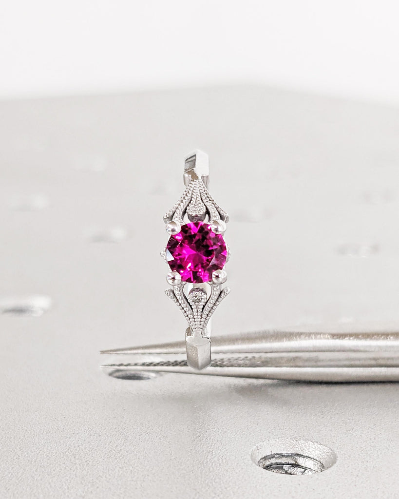 Vintage Ruby Engagement Ring, 14k White Gold, Lab Ruby Engagement Ring, Antique Round cut Bridal Ring, Art Deco Ring, Milgrain Wedding Ring