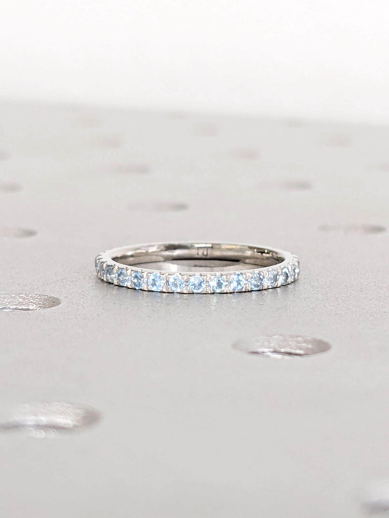 Aquamarine Pave Band in Platinum / 14K / 18K Gold, Dainty Aquamarine Ring, Unique Wedding Bands, Vintage Matching Rings, Aquamarine Jewelry
