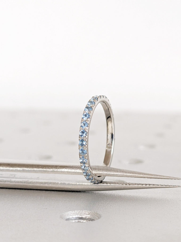 Aquamarine Pave Band in Platinum / 14K / 18K Gold, Dainty Aquamarine Ring, Unique Wedding Bands, Vintage Matching Rings, Aquamarine Jewelry