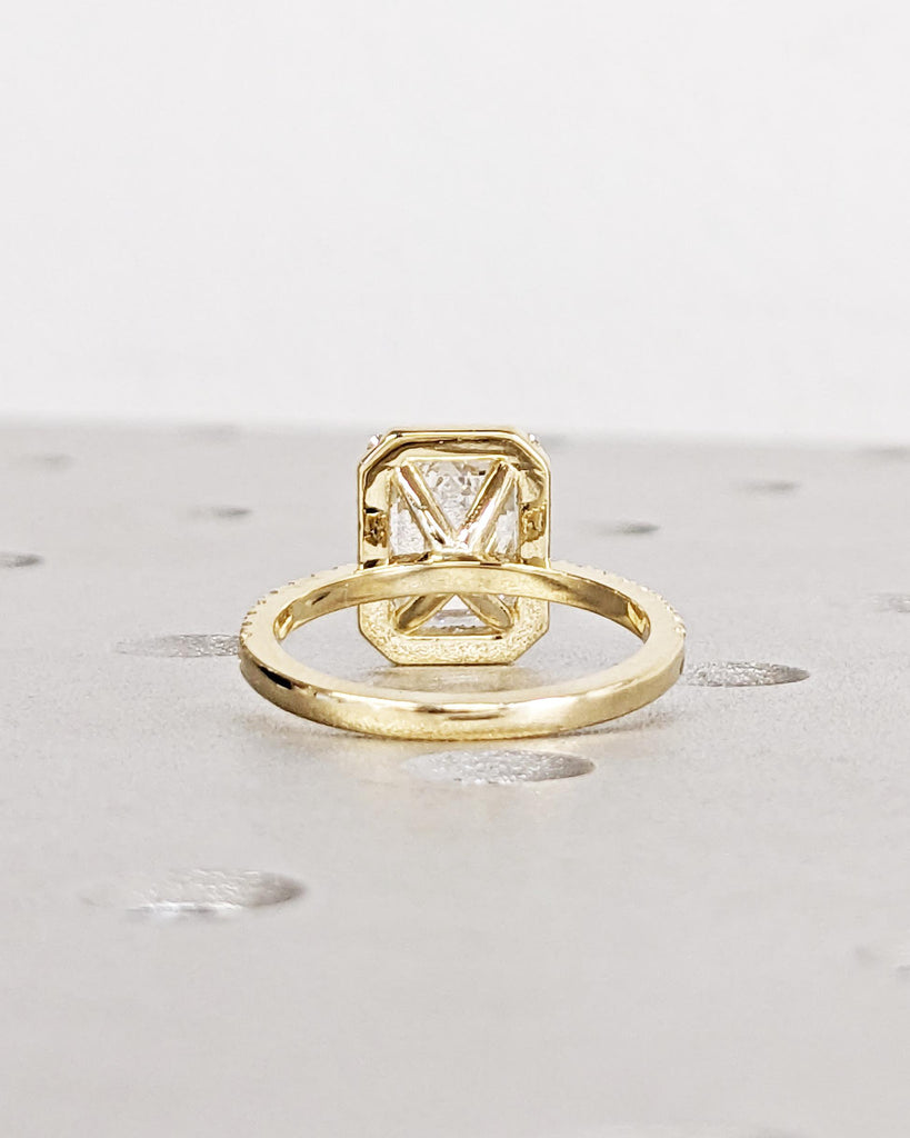 Emerald Cut Moissanite Engagement Ring - Halo Engagement Ring - Half Eternity - Solid Gold Ring - Statement Ring - Anniversary Promise Ring image #7