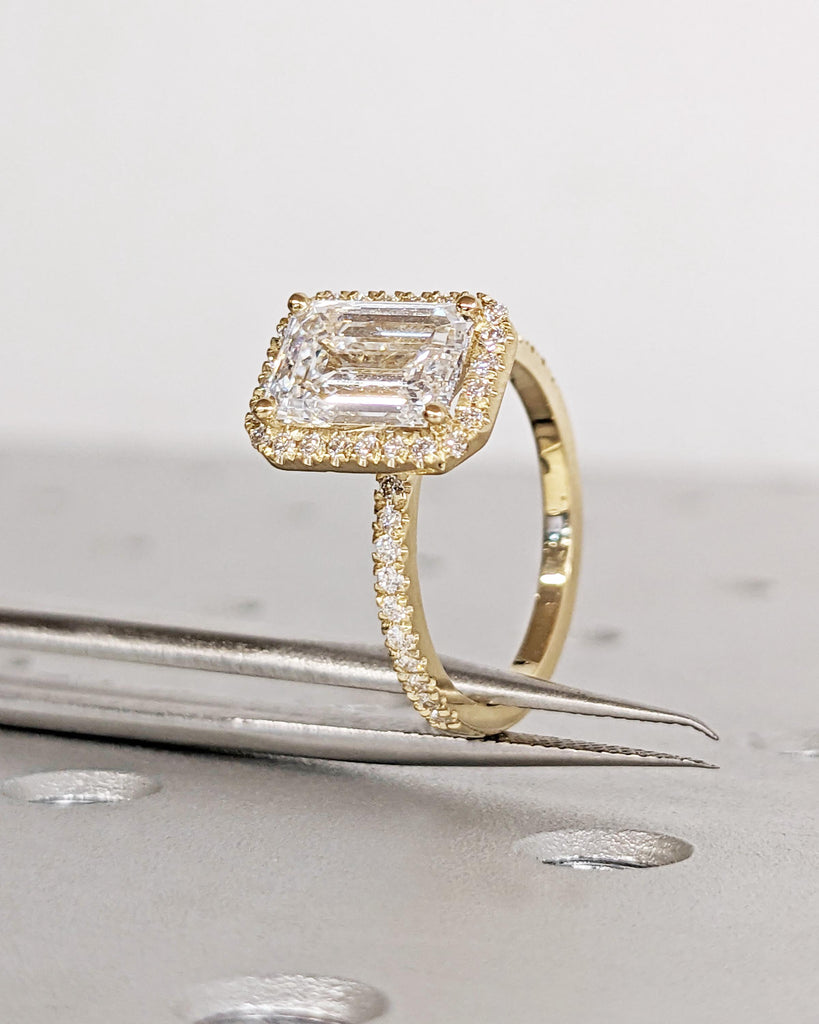 Emerald Cut Moissanite Engagement Ring - Halo Engagement Ring - Half Eternity - Solid Gold Ring - Statement Ring - Anniversary Promise Ring image #10