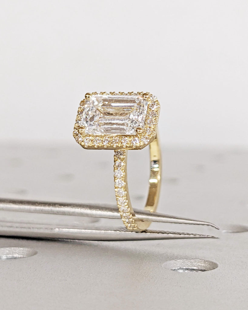 Emerald Cut Moissanite Engagement Ring - Halo Engagement Ring - Half Eternity - Solid Gold Ring - Statement Ring - Anniversary Promise Ring image #9