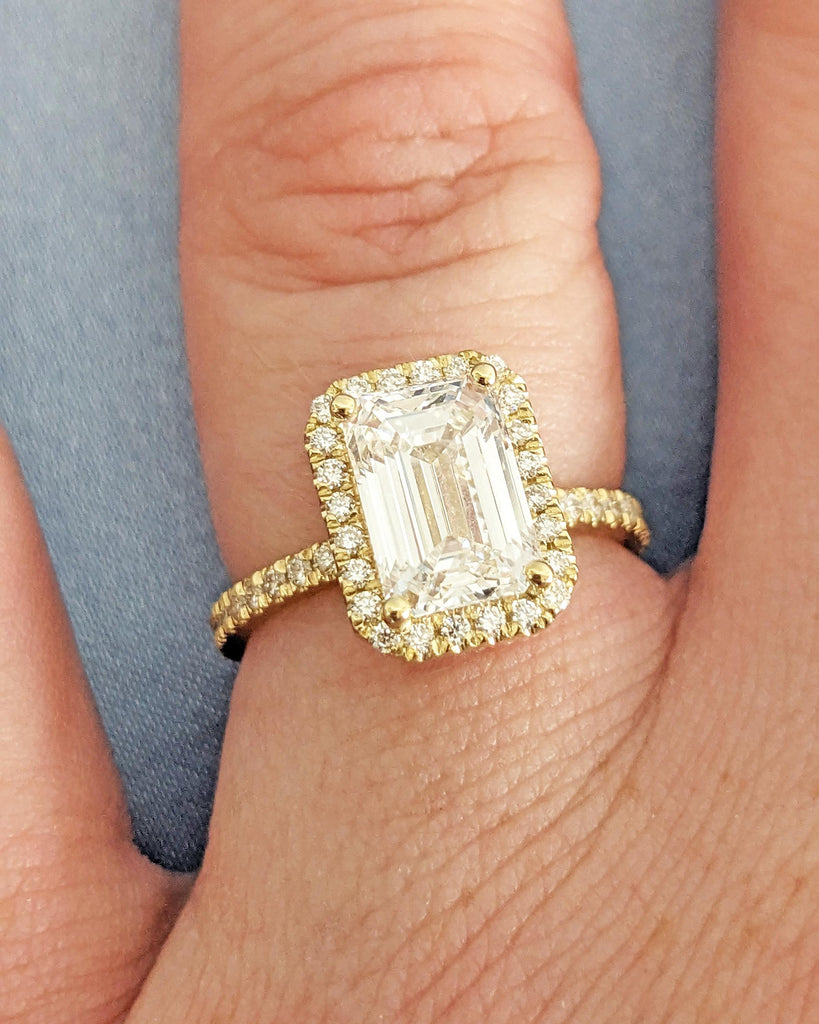Emerald Cut Moissanite Engagement Ring - Halo Engagement Ring - Half Eternity - Solid Gold Ring - Statement Ring - Anniversary Promise Ring image #2