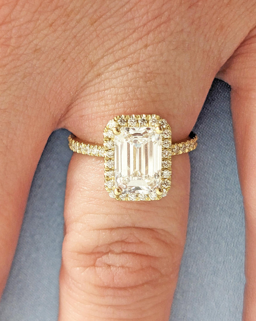 Emerald Cut Moissanite Engagement Ring - Halo Engagement Ring - Half Eternity - Solid Gold Ring - Statement Ring - Anniversary Promise Ring image #5