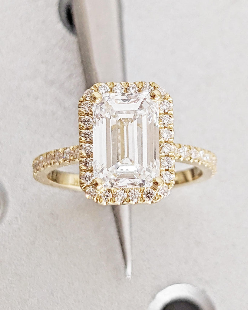 Emerald Cut Moissanite Engagement Ring - Halo Engagement Ring - Half Eternity - Solid Gold Ring - Statement Ring - Anniversary Promise Ring