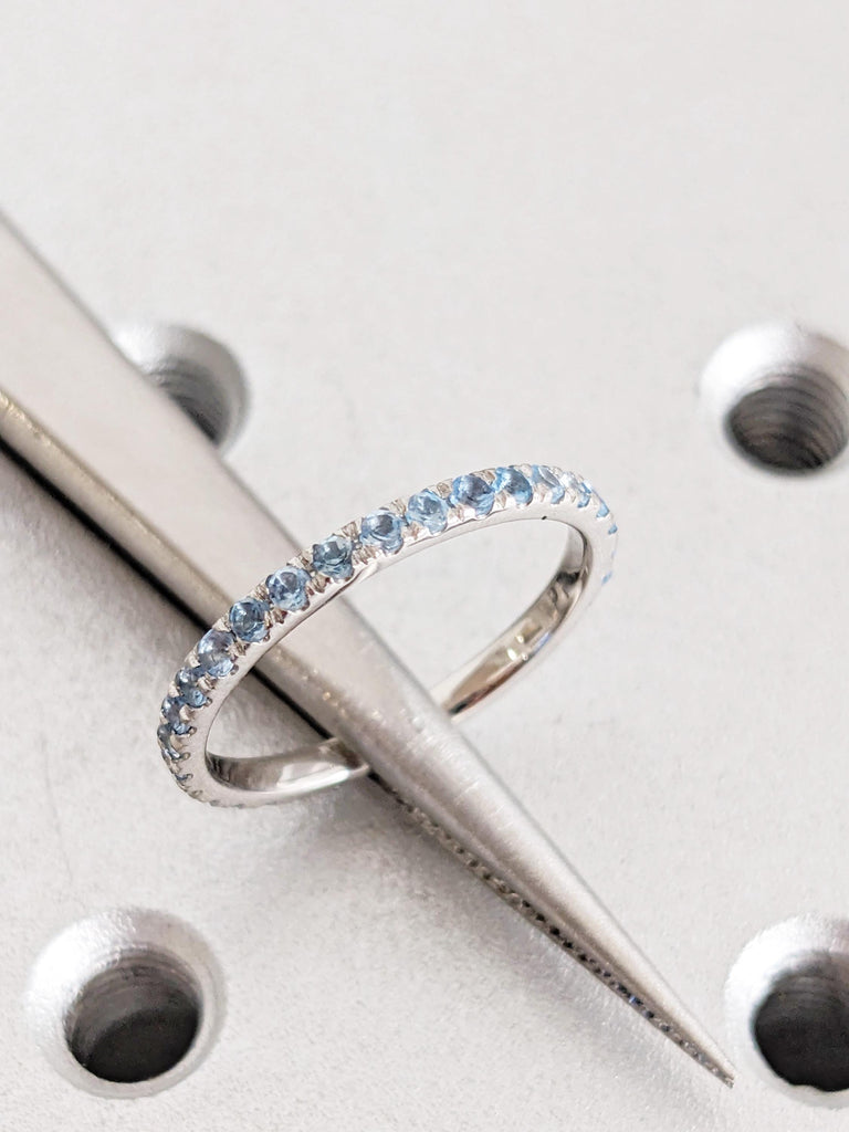 Aquamarine Pave Band in Platinum / 14K / 18K Gold, Dainty Aquamarine Ring, Unique Wedding Bands, Vintage Matching Rings, Aquamarine Jewelry