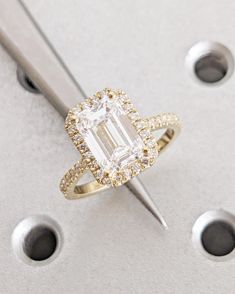 Emerald Cut Lab Grown Diamond Ring - Halo Engagement Ring - Half Eternity Band - Solid Gold Ring - Statement Ring - Anniversary Promise Ring image #2