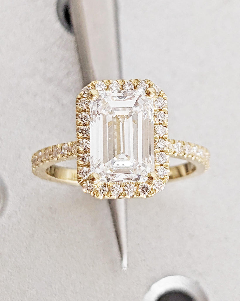 Emerald Cut Lab Grown Diamond Ring - Halo Engagement Ring - Half Eternity Band - Solid Gold Ring - Statement Ring - Anniversary Promise Ring image #5