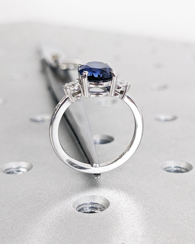 Oval Engagement Ring, Three Stone 14k Yellow Gold Diamond and Lab Grown Sapphire Ring, Blue Sapphire Gemstone Bridal Ring, White & Blue Ring image #7