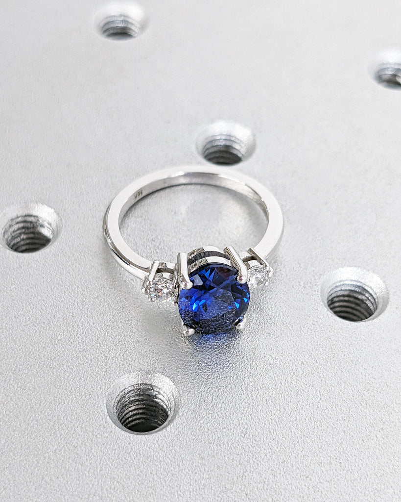 Oval Engagement Ring, Three Stone 14k Yellow Gold Diamond and Lab Grown Sapphire Ring, Blue Sapphire Gemstone Bridal Ring, White & Blue Ring image #8