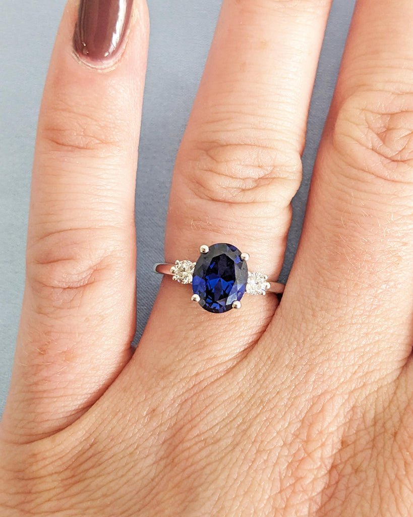 Oval Engagement Ring, Three Stone 14k Yellow Gold Diamond and Lab Grown Sapphire Ring, Blue Sapphire Gemstone Bridal Ring, White & Blue Ring image #2