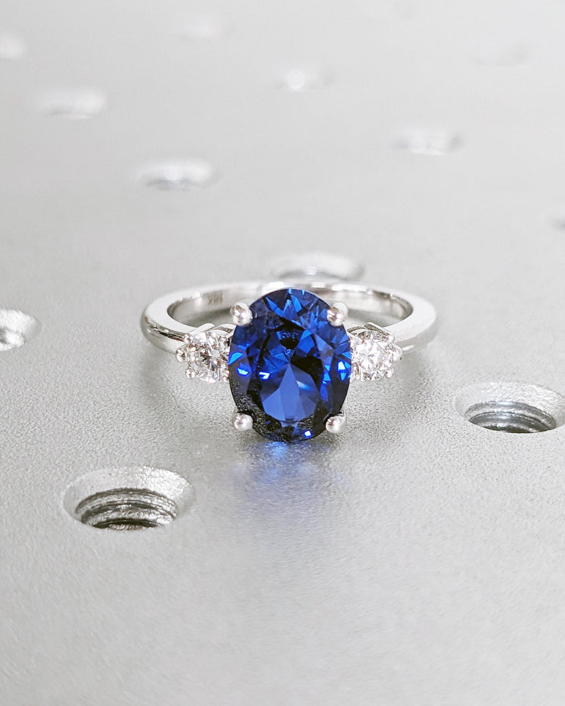 Oval Engagement Ring, Three Stone 14k Yellow Gold Diamond and Lab Grown Sapphire Ring, Blue Sapphire Gemstone Bridal Ring, White & Blue Ring image #3