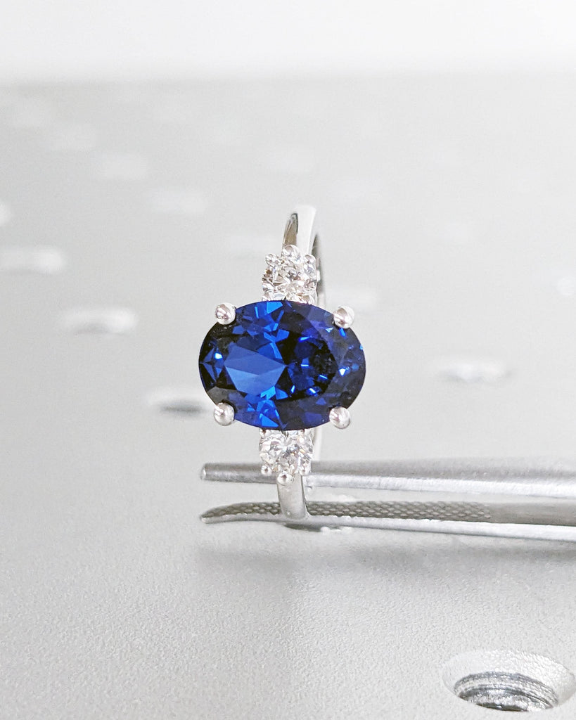 Oval Engagement Ring, Three Stone 14k Yellow Gold Diamond and Lab Grown Sapphire Ring, Blue Sapphire Gemstone Bridal Ring, White & Blue Ring image #6