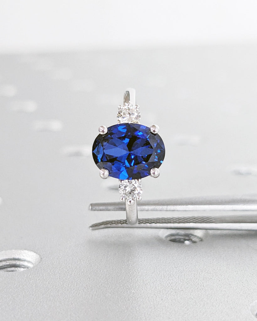 Oval Engagement Ring, Three Stone 14k Yellow Gold Diamond and Lab Grown Sapphire Ring, Blue Sapphire Gemstone Bridal Ring, White & Blue Ring image #5
