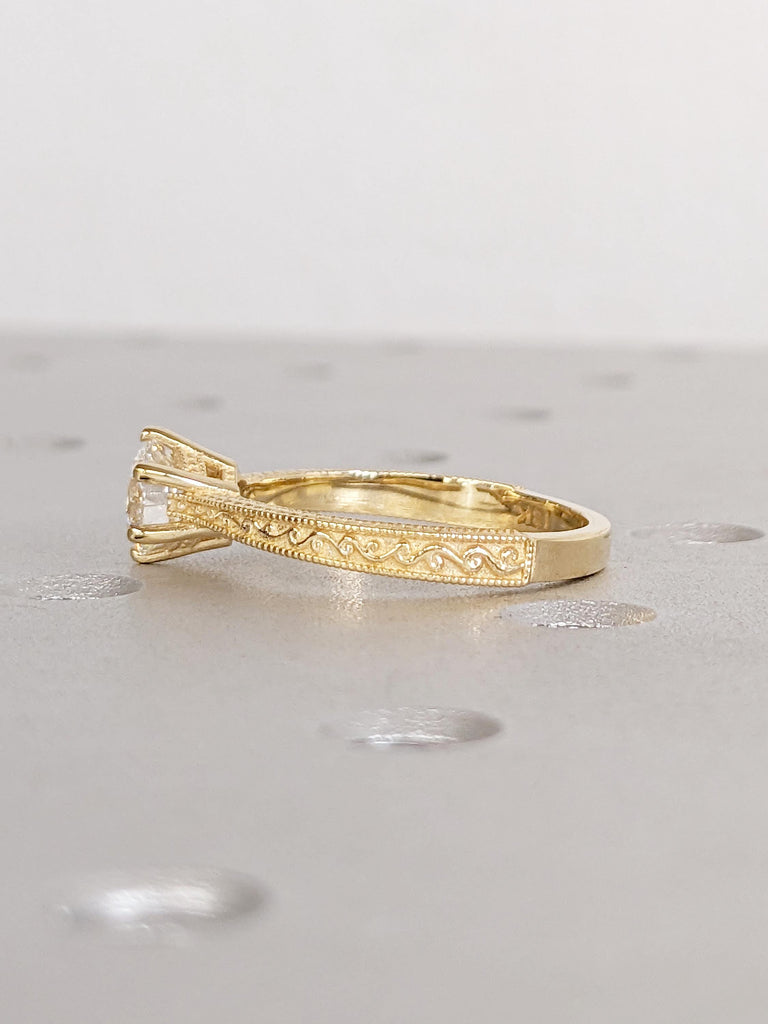 Solitaire Moissanite Ring for Her, Vintage 18k Gold Engagement Ring, Milgrain Women Wedding Rings, Filigree Anniversary Ring, Bridal Jewelry image #4