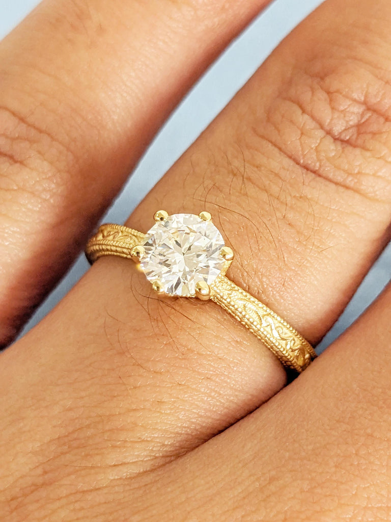Solitaire Moissanite Ring for Her, Vintage 18k Gold Engagement Ring, Milgrain Women Wedding Rings, Filigree Anniversary Ring, Bridal Jewelry image #13