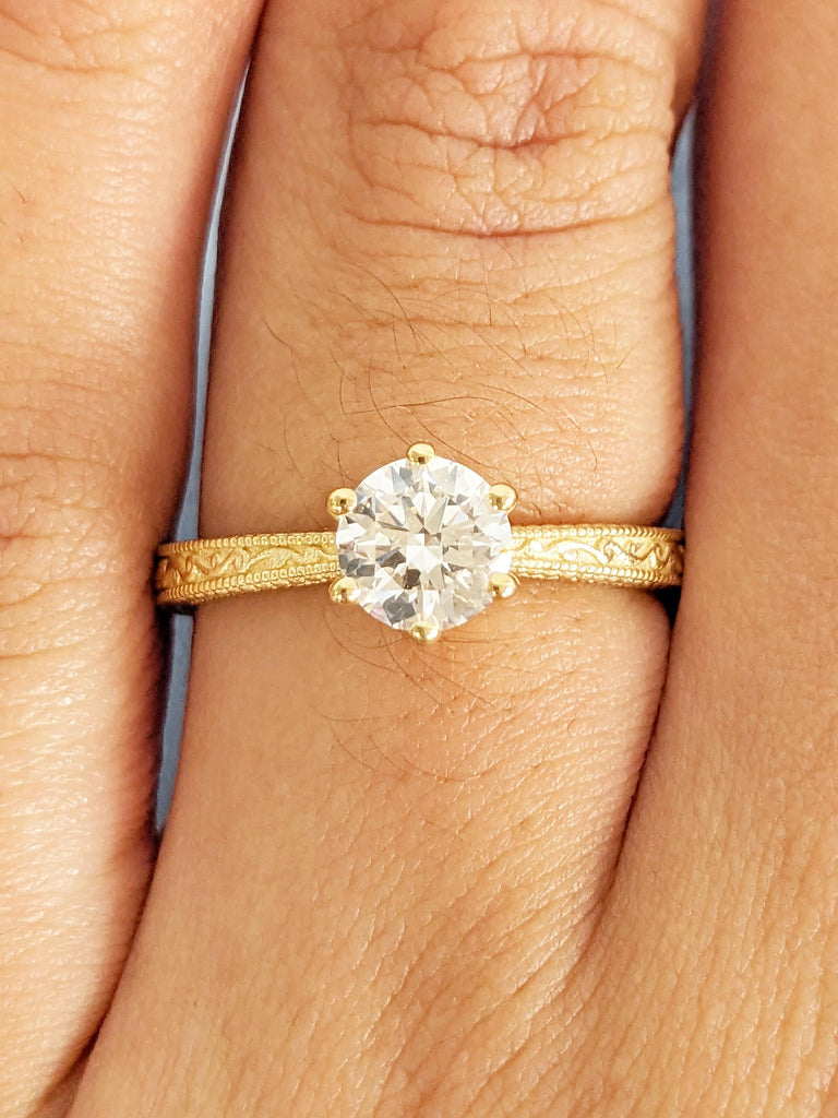 Solitaire Moissanite Ring for Her, Vintage 18k Gold Engagement Ring, Milgrain Women Wedding Rings, Filigree Anniversary Ring, Bridal Jewelry image #2