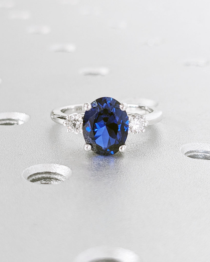 Oval Engagement Ring, Three Stone 14k Yellow Gold Diamond and Lab Grown Sapphire Ring, Blue Sapphire Gemstone Bridal Ring, White & Blue Ring