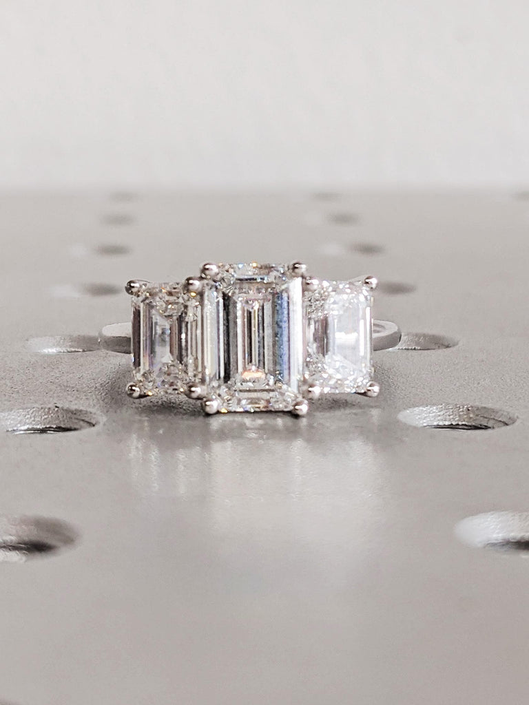 14K White Gold Trilogy Moissanite Engagement Ring, Emerald Cut Three Stone Wedding Band, Wedding Anniversary Ring, Custom Moissanite Ring