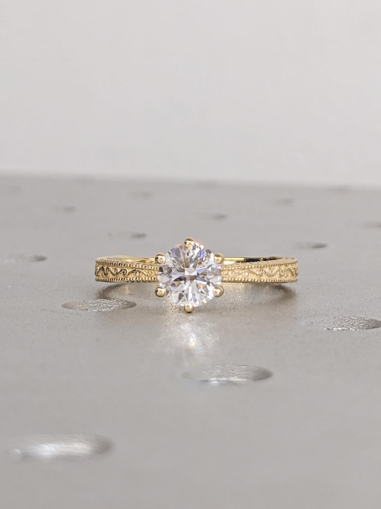 Solitaire Moissanite Ring for Her, Vintage 18k Gold Engagement Ring, Milgrain Women Wedding Rings, Filigree Anniversary Ring, Bridal Jewelry image #6