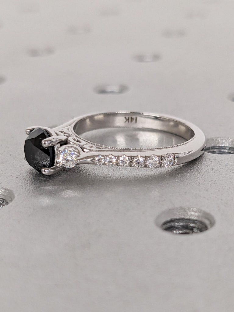 Vintage Black Diamond Engagement Ring, Round Diamond Cathedral Setting, 14K White Gold Milgrain Band