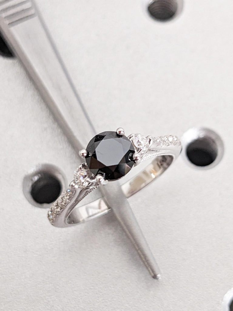 Vintage Black Diamond Engagement Ring, Round Diamond Cathedral Setting, 14K White Gold Milgrain Band