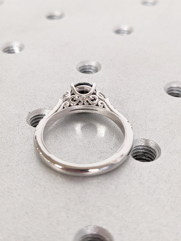 Vintage Black Diamond Engagement Ring, Round Diamond Cathedral Setting, 14K White Gold Milgrain Band