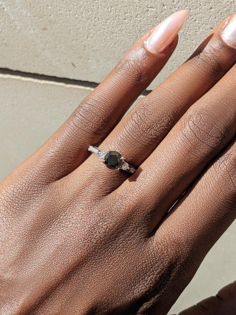 Vintage Black Diamond Engagement Ring, Round Diamond Cathedral Setting, 14K White Gold Milgrain Band