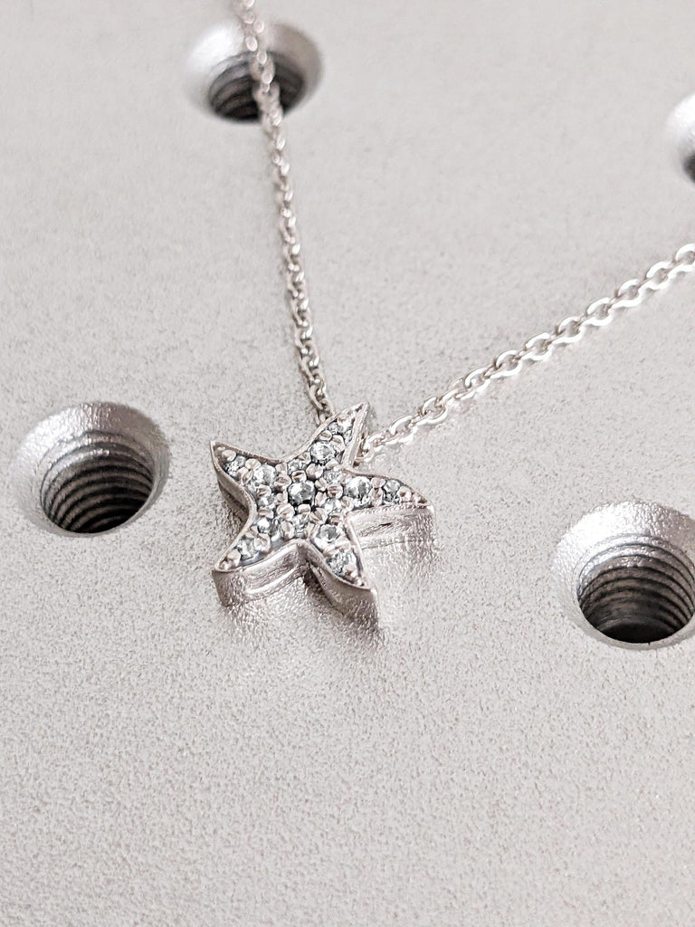 Star Celestial Diamond Pendant, 18K Solid White Gold Round Diamond Necklace, Christmas Gift For Her, Custom Jewelry