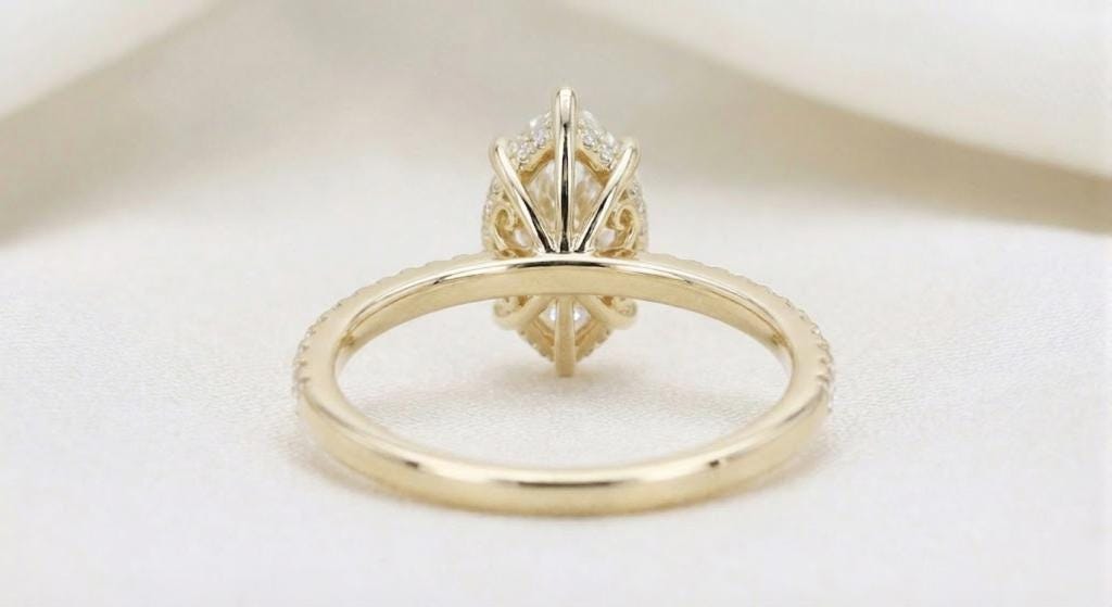 Marquise Lab Grown Diamond Engagement Ring, Diamond Hidden Halo Solitaire, IGI Certified D color VVS2 Clarity, 14k Yellow Gold Proposal Ring