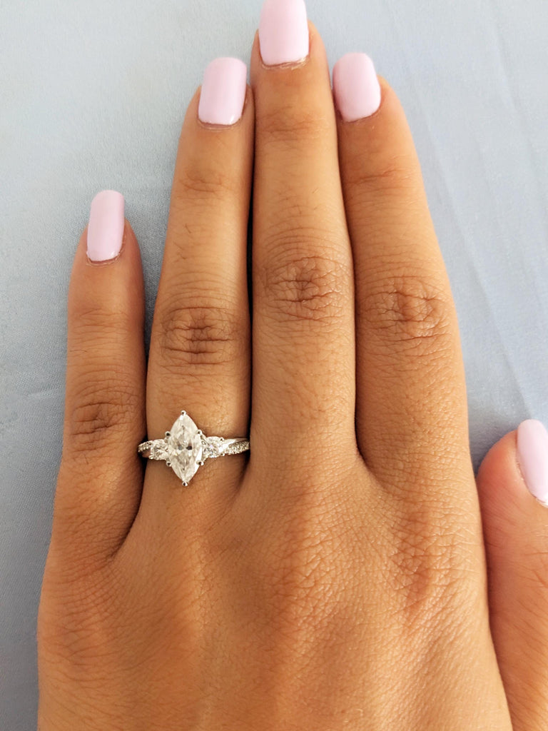 Platinum Marquise Cut Lab Diamond Spiral Engagement Ring, Three Stone Twisted Platinum Band, Women's Wedding Jewelry image #4