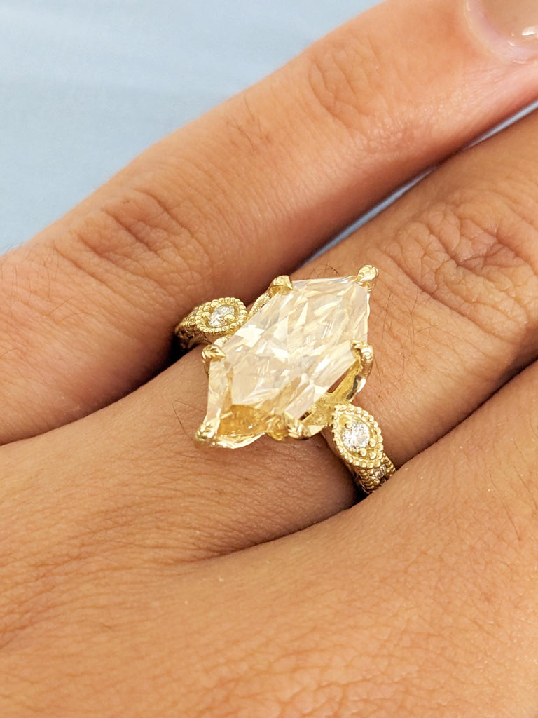Dutch Marquise Cut Moissanite Ring, 14K Gold Filigree Wedding Band, Vintage Cathedral Setting Engagement Ring, 6 Prong Tulip Diamond Ring image #6