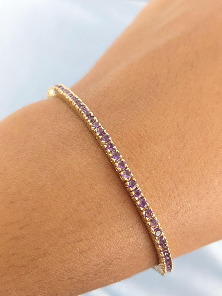 Tiny Round Natural Amethyst Everyday Bracelet | 14k Gold Tennis Bracelet | Birthday Gift for Girlfriend, Sister, Mother, Wife