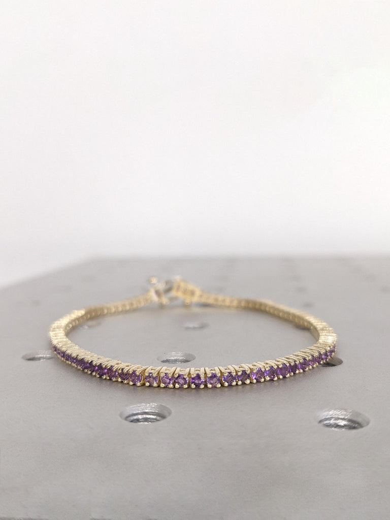 14k 18k Solid Gold Tennis Bracelet | Natural Amethyst Purple Gemstone Dainty Bracelet | February Birthstone Gift for Her or Him