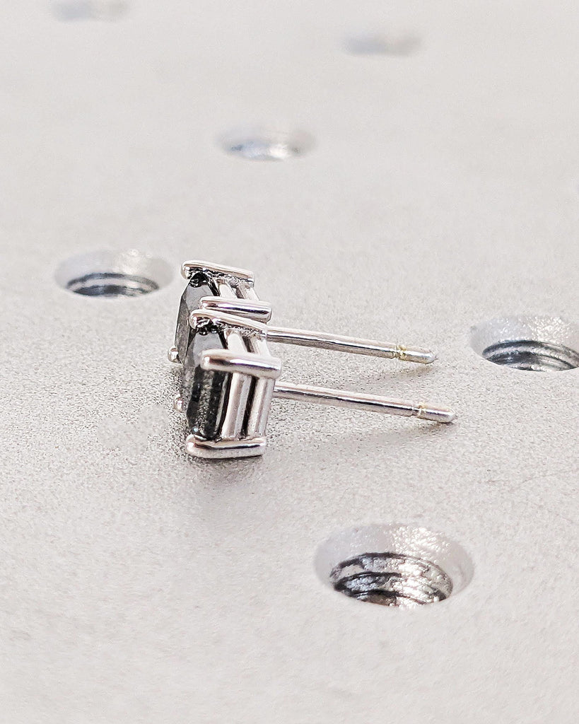 Princess Cut Salt and Pepper Diamond Earrings, 14K White Gold Earring Studs, Galaxy Inspired Diamond Stud Earrings image #5