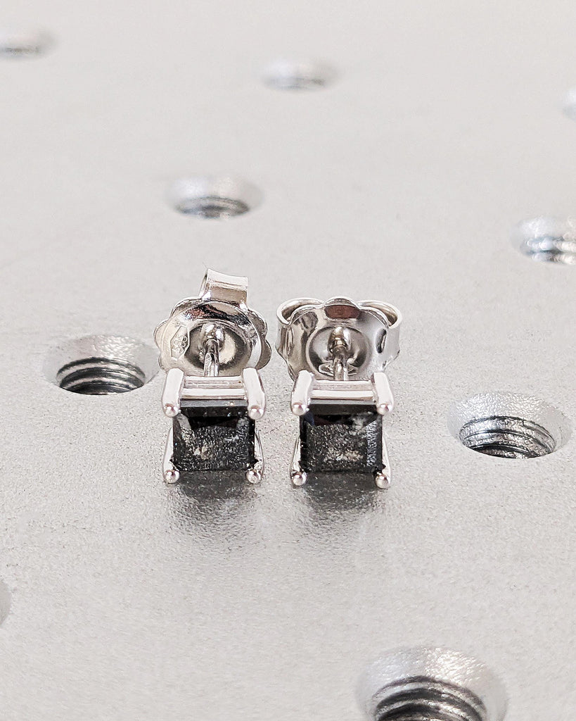 Princess Cut Salt and Pepper Diamond Earrings, 14K White Gold Earring Studs, Galaxy Inspired Diamond Stud Earrings image #2